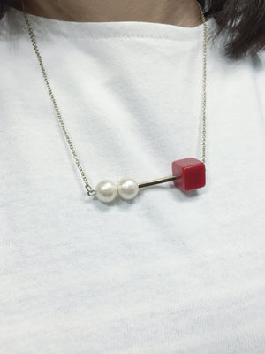 Cotton Beads Metal Cube Necklace