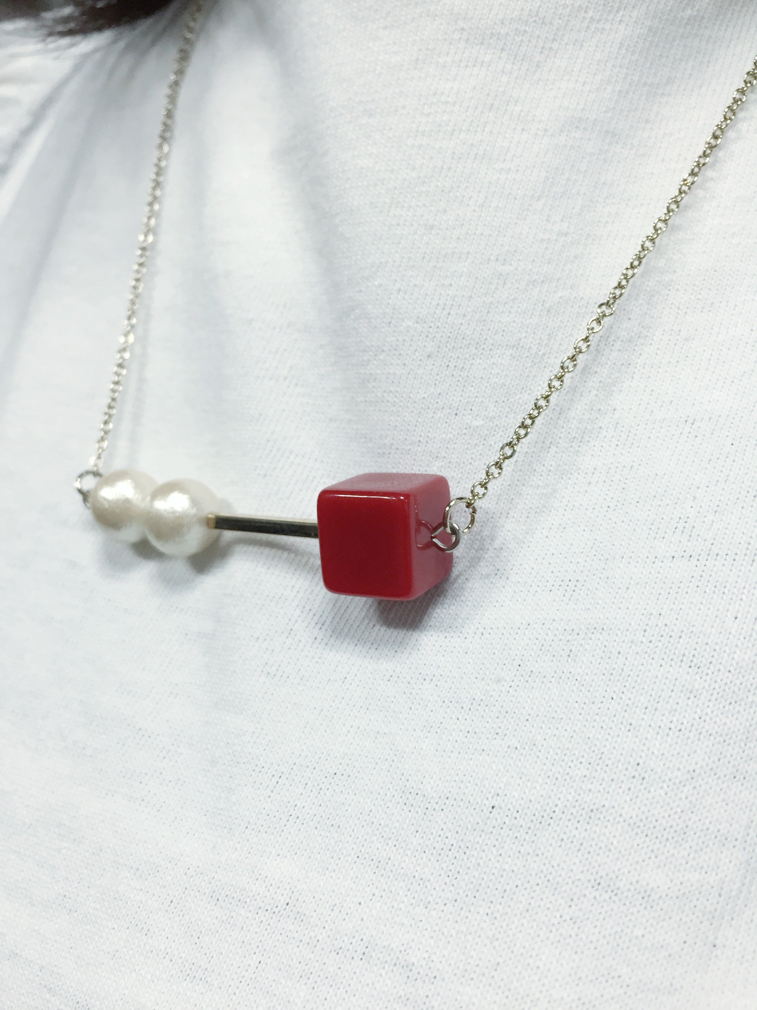 Cotton Beads Metal Cube Necklace